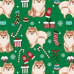 pom christmas fabric pomeranian dog fabric - dog, candy cane, holiday design - green