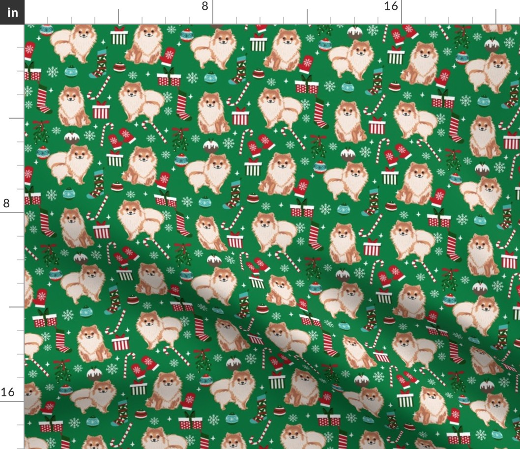 pom christmas fabric pomeranian dog fabric - dog, candy cane, holiday design - green