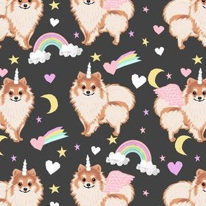 pomeranian unicorn fabric - pastel dog fabric, dog unicorn fabric, pomeranian unicorn, pet friendly - grey
