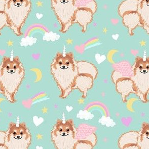 pomeranian unicorn fabric - pastel dog fabric, dog unicorn fabric, pomeranian unicorn, pet friendly - mint