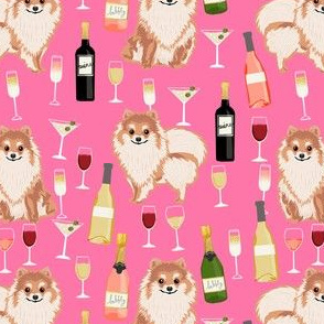 pomeranian wine fabric, dogs and wine fabric, dog wine, dog breed fabric, pom dog fabric, pom dogs - fuschia