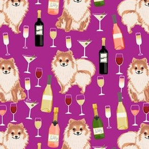pomeranian wine fabric, dogs and wine fabric, dog wine, dog breed fabric, pom dog fabric, pom dogs - purple