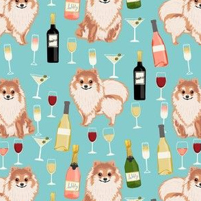 pomeranian wine fabric, dogs and wine fabric, dog wine, dog breed fabric, pom dog fabric, pom dogs - blue