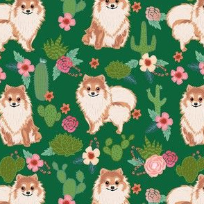 pomeranian cactus fabric - dog cactus fabric, floral cactus fabric, cute dog, dogs fabric, - green