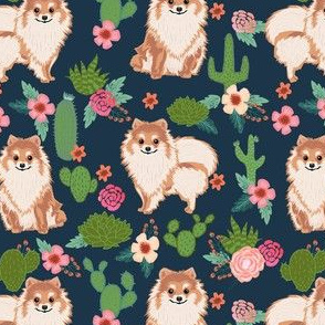 pomeranian cactus fabric - dog cactus fabric, floral cactus fabric, cute dog, dogs fabric, - dark navy