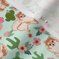 pomeranian cactus fabric - dog cactus fabric, floral cactus fabric, cute dog, dogs fabric, - light mint