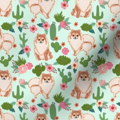 pomeranian cactus fabric - dog cactus fabric, floral cactus fabric, cute dog, dogs fabric, - light mint