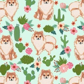 pomeranian cactus fabric - dog cactus fabric, floral cactus fabric, cute dog, dogs fabric, - light mint