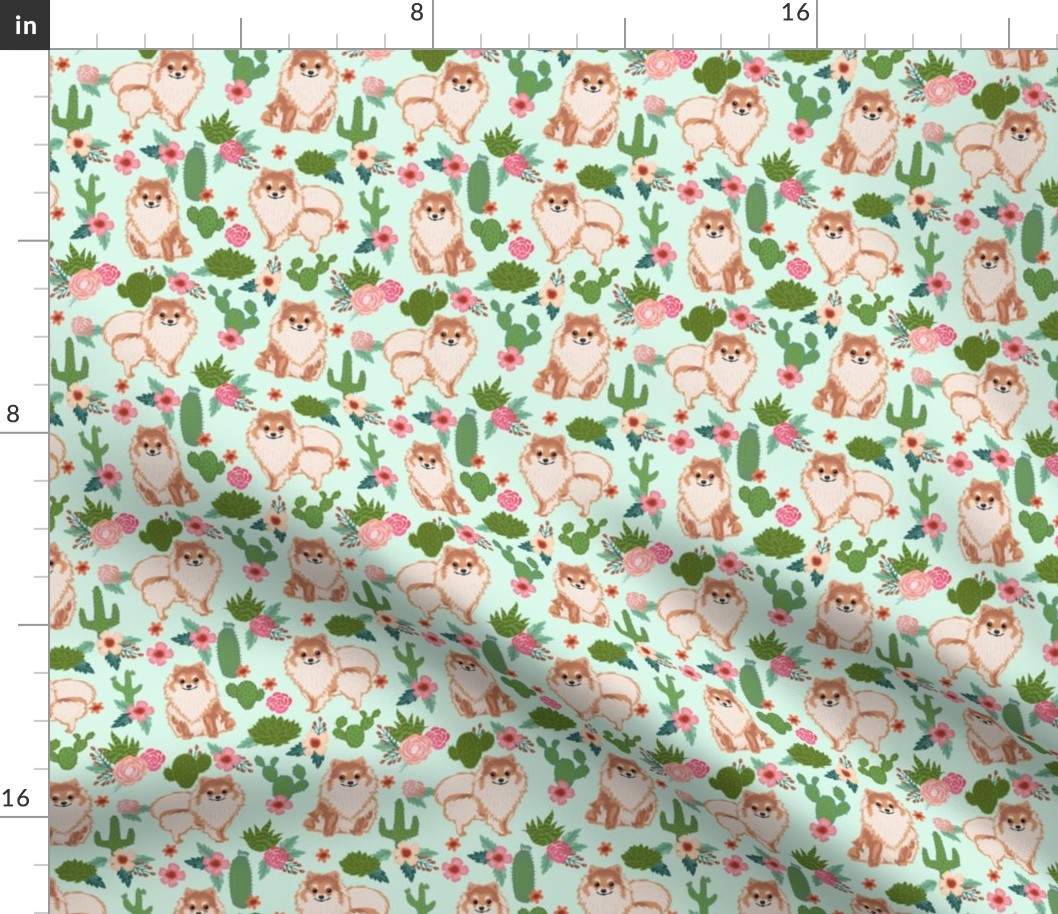 pomeranian cactus fabric - dog cactus fabric, floral cactus fabric, cute dog, dogs fabric, - light mint