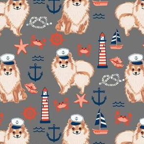 pomeranian nautical dog fabric - nautical dog design, cute dog fabric, dogs fabric- grey
