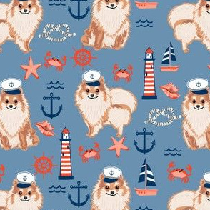 pomeranian nautical dog fabric - nautical dog design, cute dog fabric, dogs fabric-  blue