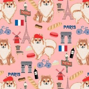 pomeranian paris fabric, dog fabric, dog breed fabric, paris dog fabric - blush