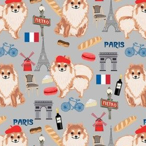 omeranian paris fabric, dog fabric, dog breed fabric, paris dog fabric -  grey