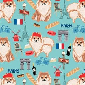 omeranian paris fabric, dog fabric, dog breed fabric, paris dog fabric - blue
