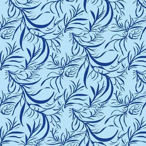 Feathery Leaves of Navy Blue on Baby Blue - Medium Scale