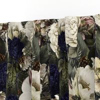 Vintage Winter Christmas Dark Night Romanticism:  Maximalism Moody Florals- Antiqued White Roses Nostalgic - Gothic Mystic Night-  Antique Botany Wallpaper and Victorian Goth Mystic inspired