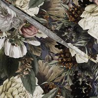 Vintage Winter Christmas Dark Night Romanticism:  Maximalism Moody Florals- Antiqued White Roses Nostalgic - Gothic Mystic Night-  Antique Botany Wallpaper and Victorian Goth Mystic inspired