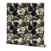 Vintage Winter Christmas Dark Night Romanticism:  Maximalism Moody Florals- Antiqued White Roses Nostalgic - Gothic Mystic Night-  Antique Botany Wallpaper and Victorian Goth Mystic inspired