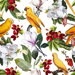 18" Yellow parrots and tropical flowers - white