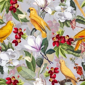 18" Yellow parrots and tropical flowers - gray