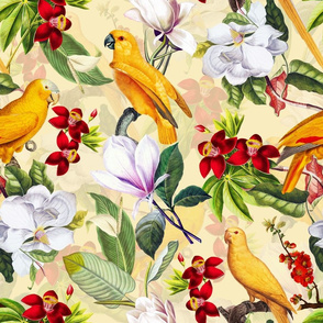 18" Yellow parrots and tropical flowers - yellow