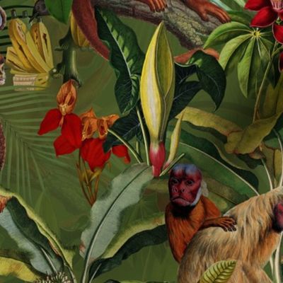 18" Monkeys Bananas Flowers Tropical Jungle Green