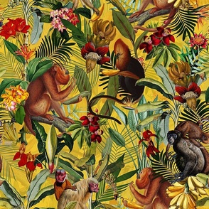 18" Monkeys Bananas Flowers Tropical Jungle Yellow