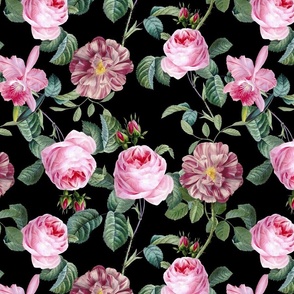 14" Pierre-Joseph Redouté- Redoute roses- Vintage Pink Pastel Roses on black