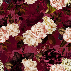 Vintage Summer Dark Night Romanticism:  Maximalism Moody Florals- Antiqued White And Burgundy Roses Nostalgic - Gothic Mystic Night-  Antique Botany Wallpaper and Victorian Goth Mystic inspired