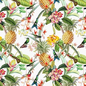 12" Vintage Tropical Birds Pineapple Paradise -white