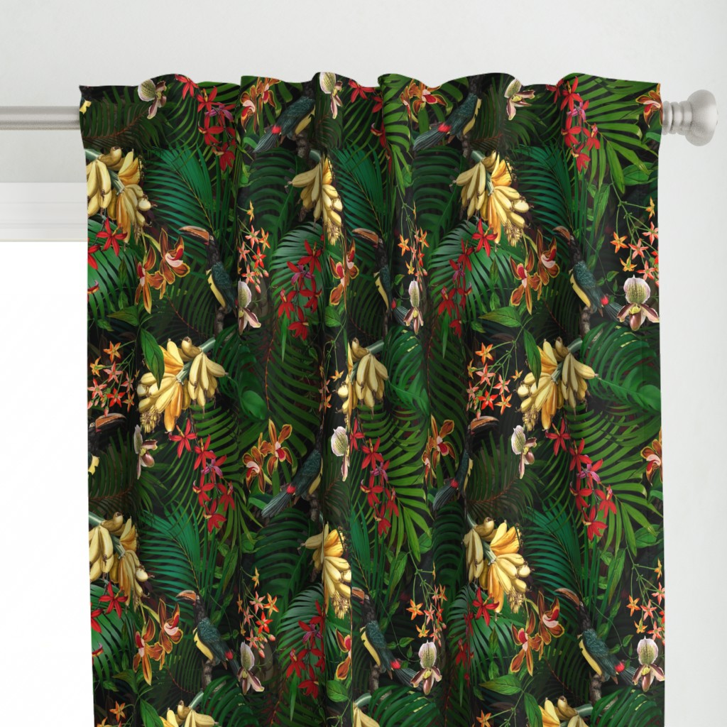 18" Tropical Night - Toucan in palm jungle with tropical flowers and bananas - black