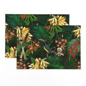 18" Tropical Night - Toucan in palm jungle with tropical flowers and bananas - dramatic black