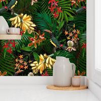 18" Tropical Night - Toucan in palm jungle with tropical flowers and bananas - black