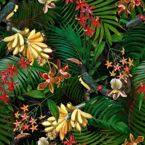 18" Tropical Night - Toucan in palm jungle with tropical flowers and bananas - black