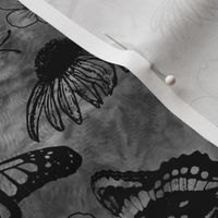 Black Echinaceas and Butterflies on Dark Gray Sunprint Texture