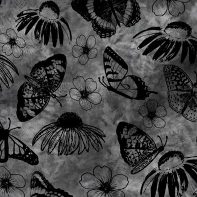 Black Echinaceas and Butterflies on Dark Gray Sunprint Texture