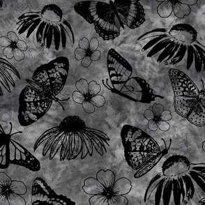 Black Echinaceas and Butterflies on Dark Gray Sunprint Texture