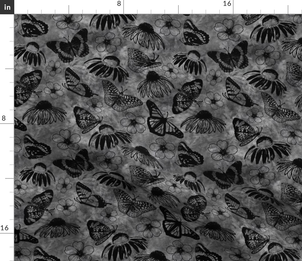 Black Echinaceas and Butterflies on Dark Gray Sunprint Texture