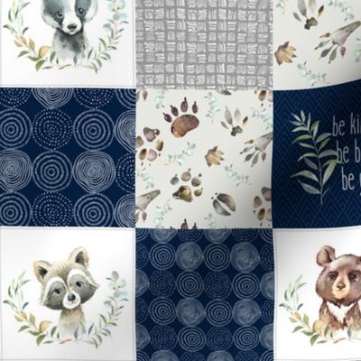3" BLOCKS- Woodland Animal Tracks Quilt Top – Navy + Grey Patchwork Cheater Quilt, Style A