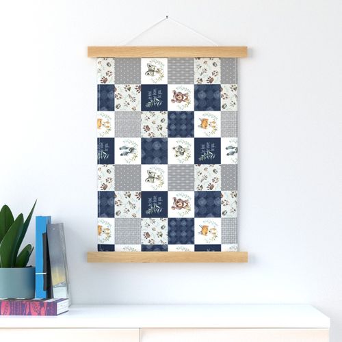 3" BLOCKS- Woodland Animal Tracks Quilt Top – Navy + Grey Patchwork Cheater Quilt, ROTATED Style A