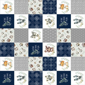 3" BLOCKS- Woodland Animal Tracks Quilt Top – Navy + Grey Patchwork Cheater Quilt, ROTATED Style A