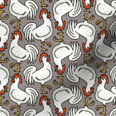 Happy White Roosters on Gray