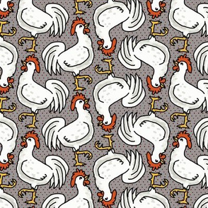 Happy White Roosters on Gray