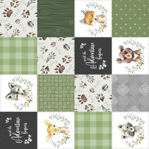 3" BLOCKS Woodland Animal Tracks Quilt Top – Green Patchwork Cheater Quilt, Style Fg, rotated