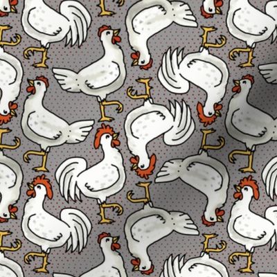 Happy White Hens and Roosters on Gray
