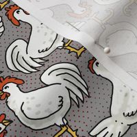 Happy White Hens and Roosters on Gray