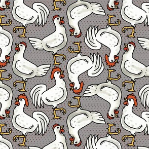 Happy White Hens and Roosters on Gray