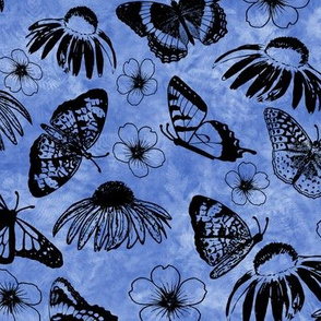 Black Butterflies and Echinacea Flowers on Iris Blue Sunprint Texture