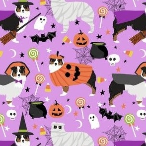 aussie dog halloween fabric - australian shepherd dog fabric,  australian shepherd halloween costume - black tri -  lavender