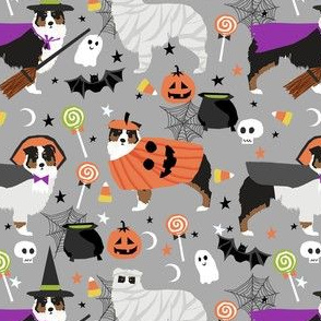 aussie dog halloween fabric - australian shepherd dog fabric,  australian shepherd halloween costume - black tri -  light grey